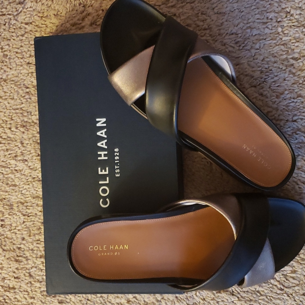 New Cole Haan Sandals, Size 10, Black & Lt Bronze Metallic
